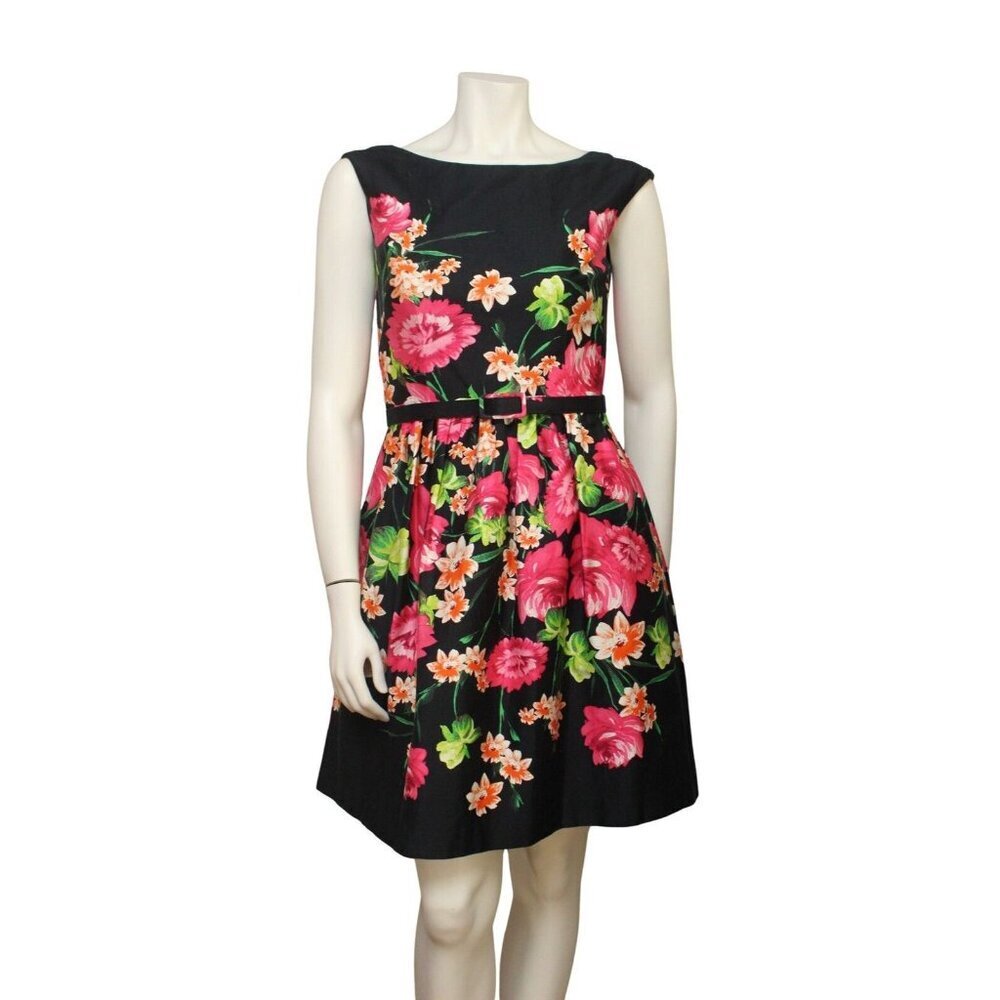 Eliza J Black Pink Floral Woven Cotton Stretch Belted Sleeveless Dress Size 4